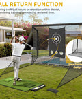 Person practicing swing with 10x7ft Golf Hitting Net with Side Net and Simulator Cloth in backyard setup.