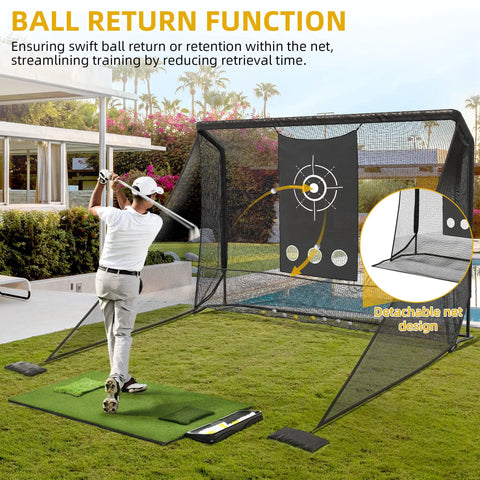 Person practicing swing with 10x7ft Golf Hitting Net with Side Net and Simulator Cloth in backyard setup.