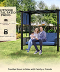 Three Seat Porch Swing Bed With Adjustable Curtains And Cushions For Outdoor Metal Patio Hammock Swing Chair Porch Backyard Garden, Stable Four Carabiners And Reinforced Base For Worry Free Relaxation showing three people seated outdoors.