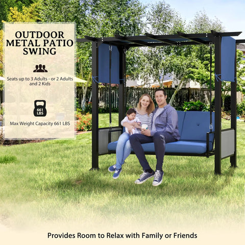 Three Seat Porch Swing Bed With Adjustable Curtains And Cushions For Outdoor Metal Patio Hammock Swing Chair Porch Backyard Garden, Stable Four Carabiners And Reinforced Base For Worry Free Relaxation showing three people seated outdoors.