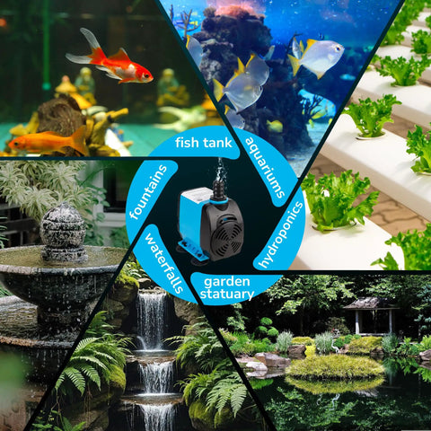 Ultra Quiet 800 GPH Submersible Water Pump With Adjustable Flow Easy Install 10 Ft Lift 6 Ft Power Cord 3 Nozzles in use