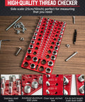 Front view of red anodized aluminum 6061 bolt thread gauge with SAE/Metric scales on wood, surrounded by assorted bolts.