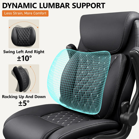Ergonomic Office Chair With 3D Dynamic Lumbar Support For Lower Back Pain Relief Leather Executive Desk Chair Padded Flip Up Armrests Black