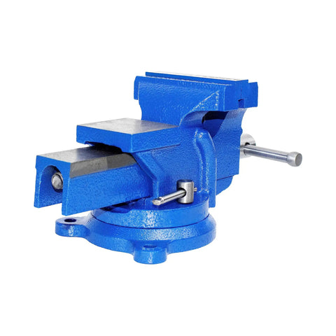 Heavy Duty 5 Inch Bench Vise With 360 Degree Swivel Locking Base Desktop Clamp, Replaceable Hardened Jaws, Cast Steel Frame, Rugged Blue Design