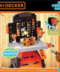 Box cover featuring Kids Power Tools Workshop Bench With 75 Realistic Tools, Lights And Sounds, Build Your Own DIY Toy Toolbox.