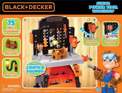 Box cover featuring Kids Power Tools Workshop Bench With 75 Realistic Tools, Lights And Sounds, Build Your Own DIY Toy Toolbox.