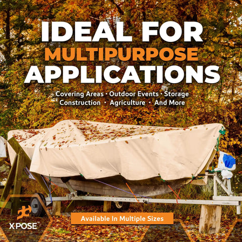 Heavy Duty Tan Poly Tarp 5 Ft By 7 Ft Multipurpose Protective Cover over trailer in autumn setting