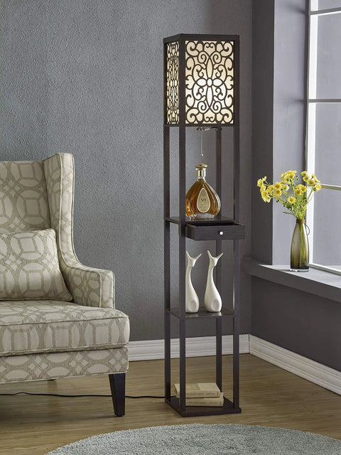 63 Inch Espresso Etagere Floor Lamp With Drawer, Floral Shade Panels, Three Large Display Shelves, Pull Chain On Off, Smart Outlet Compatible