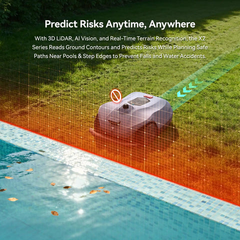 X2 Pro Auto Mapping Robot Lawn Mower With Perimeter Wire Free Setup near pool with 360 Degree LiDAR And AI Vision