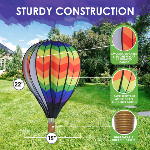 22 Inch Hot Air Balloon Yard Spinner With Double Chevron Rainbow Colors for a Vibrant Garden Decor That Spins in the Wind