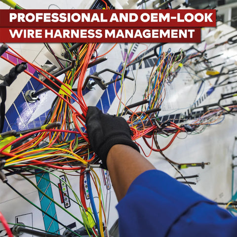 Professional wire harness management with colorful cables for automotive engines.