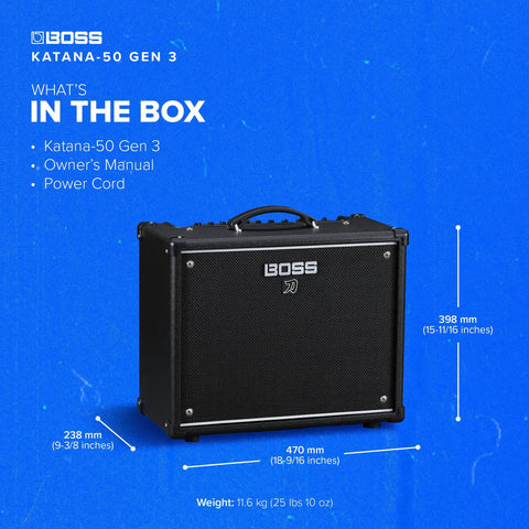 Katana 50 Gen 3 Guitar Amp with 12-Inch Speaker, dimensions and contents listed, on blue background.