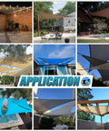 Collage of outdoor settings with beige, blue, and tan shade sails, including Beige Triangle Shade Sail 32x32x32 For Outdoor Patio Garden Backyard Blocks 95 Percent UV 200GSM HDPE Water And Air Permeable Fabric Keeps You Cool Easy Setup Durable Sun Shade Canopy