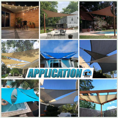 Multiple installations of Keepin It Cool Under The Sun Sand Beige 10x10x14 Ft Triangle Shade Sail Canopy, outdoor patio and pool areas.