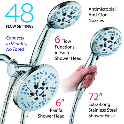 3 In 1 High Pressure Shower System With Rainfall And Handheld Heads, 48 Modes Of Water Flow, Anti Clog Nozzles, Chrome Finish