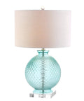 Aqua Diamond Etched Glass And Crystal Table Lamp 26 Inch Tall Coastal Transitional Bedside Light With White Linen Drum Shade LED Bulb Included ETL Listed Energy Saving Modern Home Decor