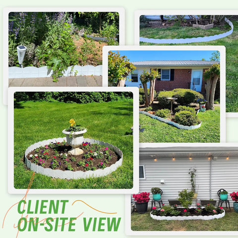 Collage of white polypropylene garden edging in various landscaped yards, showcasing Twenty Pcs Garden Edging Border Kit With 20 Stakes For Lawn And Flower Bed White 20 Ft Landscaping Border Fence Durable Polypropylene Easy Install Low Maintenance Weather Resistant Long Lasting Yard Decor.