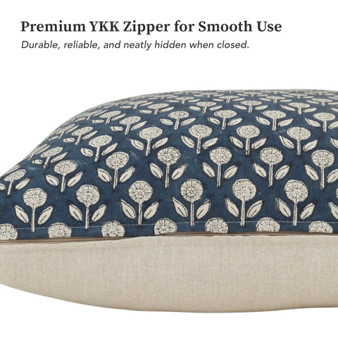 Hand Block Print Throw Pillow Covers Set Artisan Made 100 Percent Cotton With Zipper Closure Neutral Boho Cozy Accent For Sofa Bed Chair Deep Blue 20x20 Inches Pack Of 2, close-up of hidden zipper