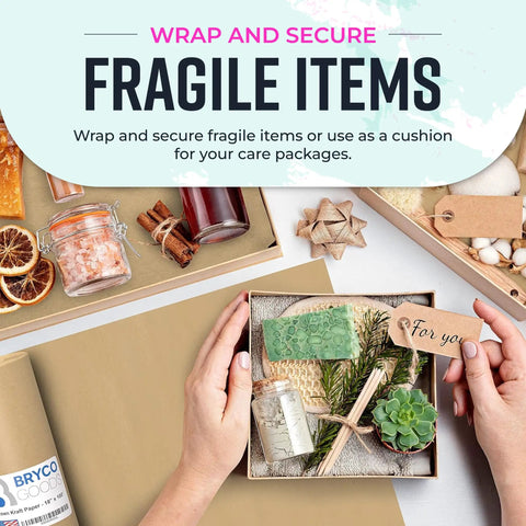 Brown Kraft Packing Paper Roll 18 Inch By 1200 Inch USA Made For Moving And Shipping Arts And Crafts Projects Vision Boards School Notes And Creative Relocation Solutions with hands wrapping fragile items.