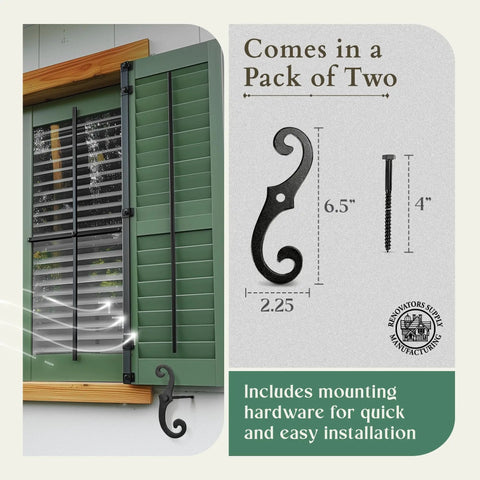 Old School Vintage S Style Cast Iron Window Shutter Dogs With Rust Resistant Powder Coat For Outdoor Use Includes Mounting Screws