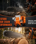 No Sweat Manual Chainsaw Sharpener Kit featuring seven precision grinding stones sharpening chainsaw on log outdoors.