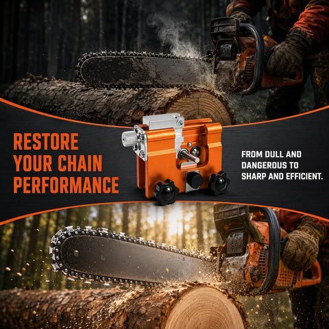 No Sweat Manual Chainsaw Sharpener Kit featuring seven precision grinding stones sharpening chainsaw on log outdoors.