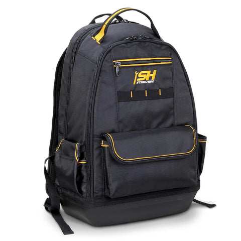 35-Pocket Solid Molded Base Heavy-Duty Tool Backpack with waterproof reinforced bottom and dual-zip access front view