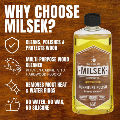 Versatile Wood Cleaner And Furniture Polish With Fresh Lemon Oil To Wipe Down Beaten Tables And Buff Hardwood Floors Kitchen Cabinets Leave A Slick Long Lasting Shine 12 Oz Bottle on wood background.