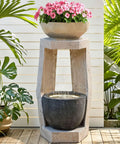 32 Inch Outdoor Fountain With Modern Geometric Two Bowls Water Feature And LED Lights Resin Durable Cascading Waterfall For Patio Backyard Garden Or Porch