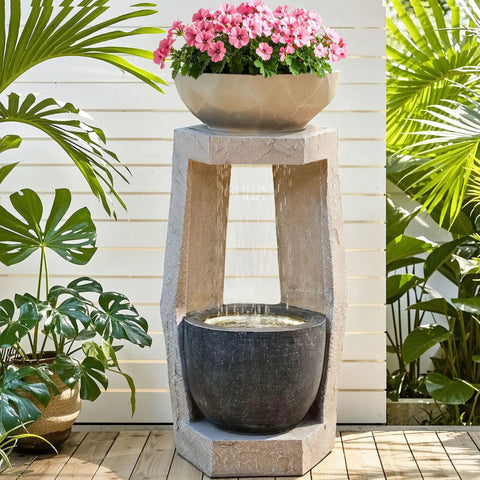 32 Inch Outdoor Fountain With Modern Geometric Two Bowls Water Feature And LED Lights Resin Durable Cascading Waterfall For Patio Backyard Garden Or Porch