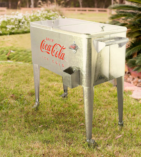 80 Quart Galvanized Rolling Cooler With Bottle Opener, Party Ready Ice Cold Retro Coca Cola Style Outdoor Beverage Cooler in garden