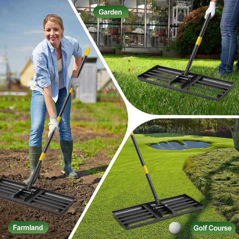 Heavy Duty Lawn Leveling Rake With 30 Inch Blade And Adjustable Handle used on farm, garden and golf course for soil leveling.