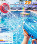 Person using Electric Water Gun for Pool with Type C Charging Fast Fill Water Beast Mode Automatic Squirt Blaster for Long Range Battles High Powered Auto Water Blaster Pool Toy Blue to hit target across pool.