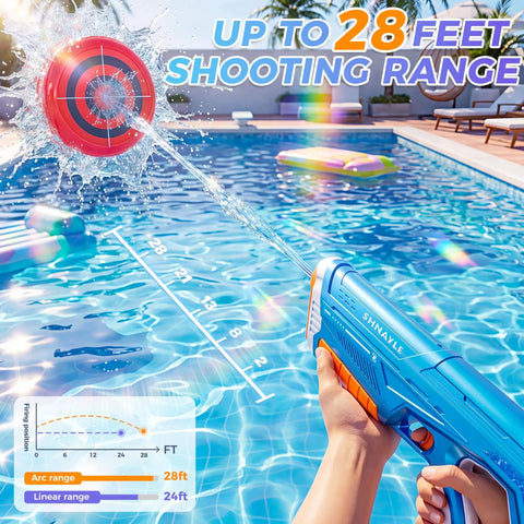 Person using Electric Water Gun for Pool with Type C Charging Fast Fill Water Beast Mode Automatic Squirt Blaster for Long Range Battles High Powered Auto Water Blaster Pool Toy Blue to hit target across pool.