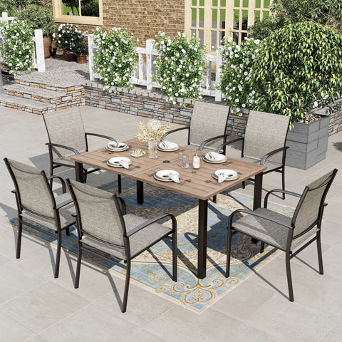 Outdoor Dining Table For 6 In A Rectangular Metal Patio Table With Umbrella Hole, Weatherproof Wood Like Steel Slat Top, chairs setup