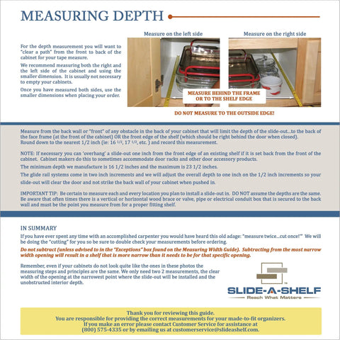 Measuring depth guidelines for Heavy Duty Custom Fit Slide Out Shelf With Full Extension Glide Rails For Kitchen Cabinets.