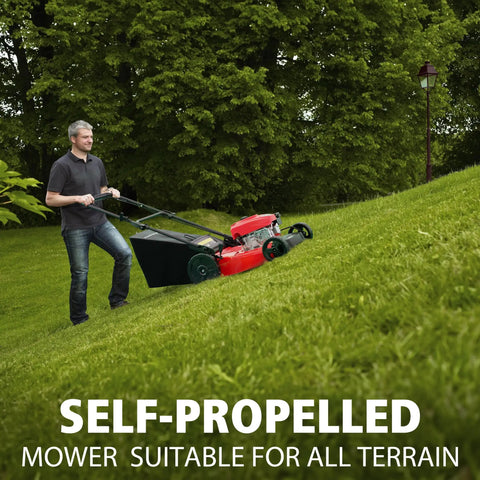 Man using Gas Self Propelled Lawn Mower With 21 Inch Cutting Width 3 In 1 Bagging Mulching Rear Discharge on grassy slope