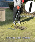 Person using Thatch Rake 15 Inch Wide Dethatcher For Cleaning Dead Grass Leaves And Debris Loosens Soil With Steel Tines