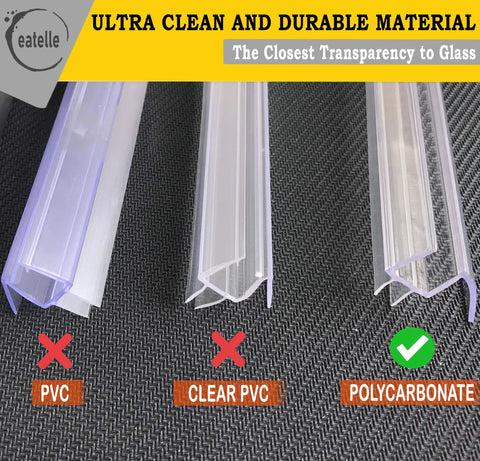 Comparison of PVC, clear PVC, and polycarbonate shower door bottom seal with drip rail for 1/2 inch glass, 36 inch sweep