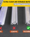 Comparison of Shower Door Bottom Seal With Drip Rail for 1/4 Inch Glass, highlighting ultra clear polycarbonate.