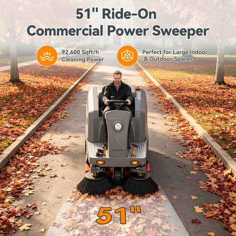 51 Inch Ride On Commercial Floor Sweeper With 27 Gallon Hopper And Powerful 800W Motor. This Big Duty Machine Boasts A Wide Path For Fast Cleaning In Warehouses And Factories. Get Ready To Sweep Up Messes Like A Boss With This Pro Grade Equipment.
