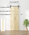 30-Inch By 84-Inch Bifold Barn Door With Hardware Kit displayed against a wall, showing dimensions and solid pine wood detail.