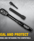 Impact Socket Set With Ratchet Pro Grade For Tough Jobs One Half Inch Drive Includes Metric And SAE Sizes Twenty Three Piece Kit Case Direct Torque Technology For Strong Grip And Less Slippage Laser Etched Size Markings O Ring And Pin Compatible showing 1/2-inch ratchet and adapters.