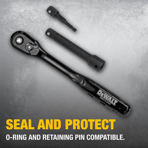 Impact Socket Set With Ratchet Pro Grade For Tough Jobs One Half Inch Drive Includes Metric And SAE Sizes Twenty Three Piece Kit Case Direct Torque Technology For Strong Grip And Less Slippage Laser Etched Size Markings O Ring And Pin Compatible showing 1/2-inch ratchet and adapters.
