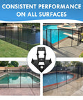 Smooth Operator Hammer Drill Guide for Pool Fences, adjustable legs, level indicator, shown with installed safety fencing.
