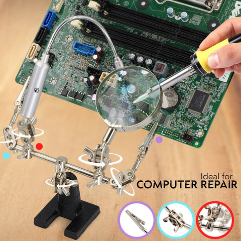Helping Hand Magnifier Glass Stand with Flexible Neck LED Light and Alligator Clips 3X Magnification for computer repair