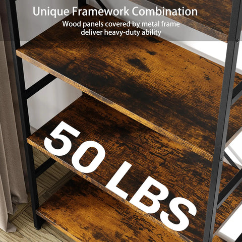 Close-up of wood shelf detail on Arched Five Tier Bookshelf Tall Bookcase with metal frame, showing 50 lbs weight capacity