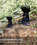 Long Handle Weed Puller Tool 58 Inch, 2 In 1 Weeder Rake And Garden Hoe Combo in use on soil