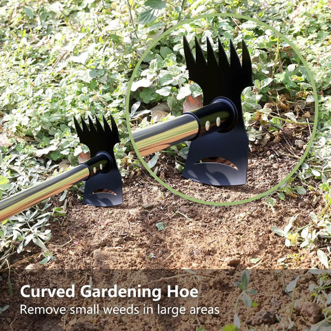58 Inch Long 2 In 1 Weed Remover Tool Puller Rake And Garden Hoe, steel pole, curved hoe shown in garden soil