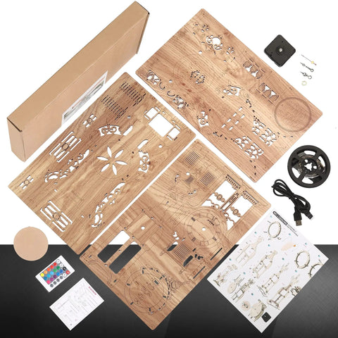 DIY 3D Wood Puzzle LED Tower Clock Kit for Desktop with 58 Pre Cut Pieces, instruction sheet, and remote control components.
